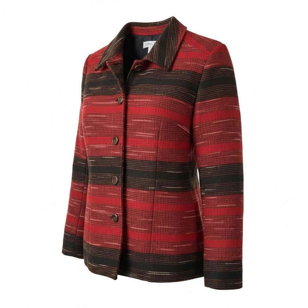 Coldwater Creek Red and Black Striped Woven Textured Tapestry Blazer Jacket M